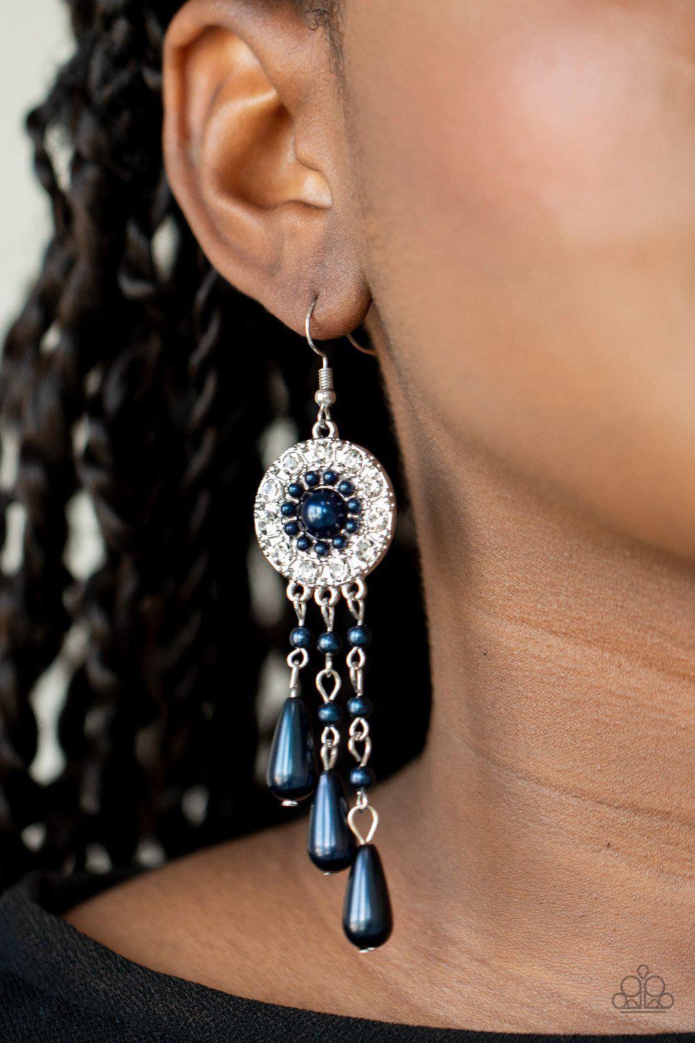 Dreams Can Come True Blue Pearl and White Rhinestone Earrings - Paparazzi Accessories- on model - CarasShop.com - Paparazzi Jewelry by Cara Jewels
