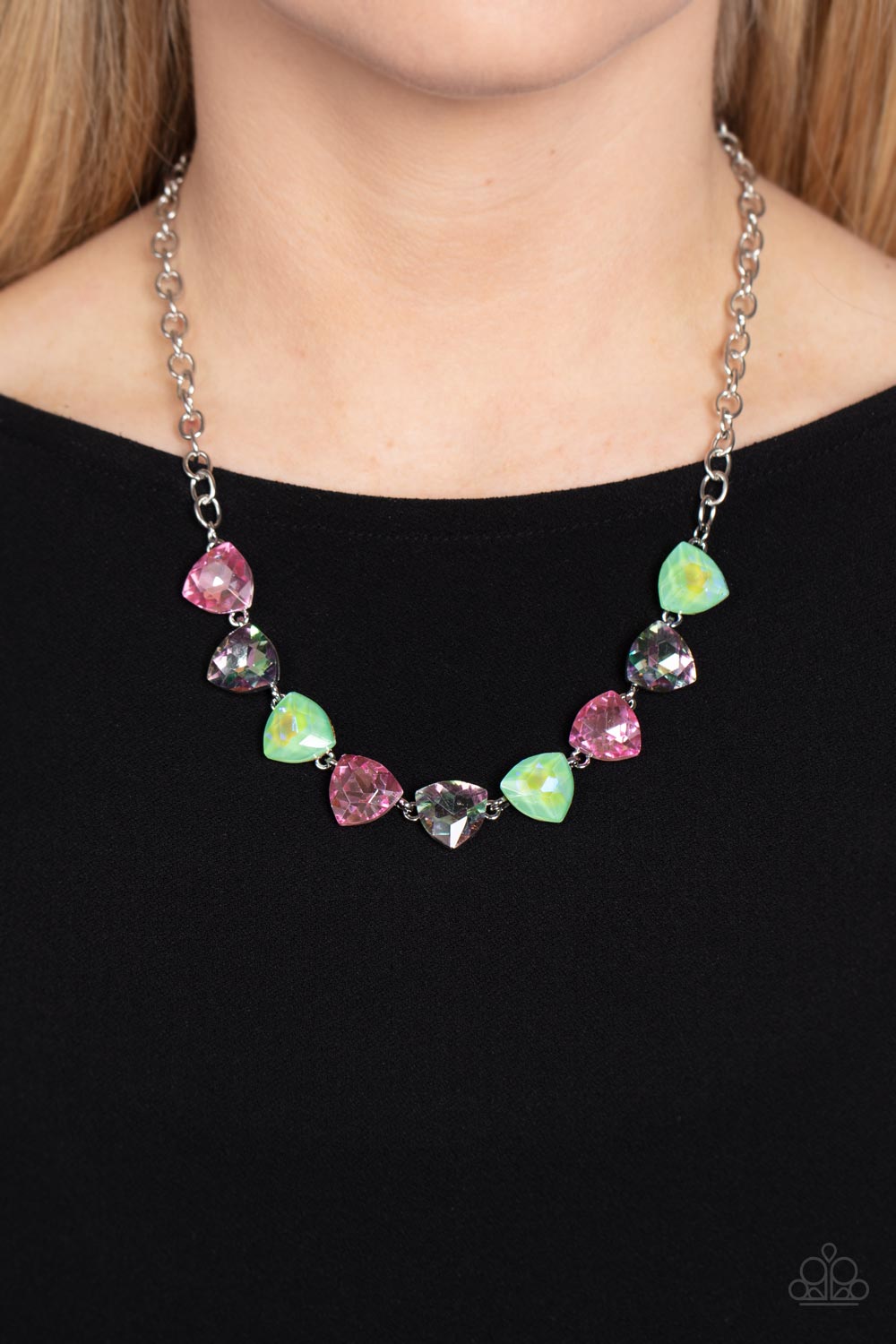 Dreamy Drama Iridescent Green & Pink Necklace - Paparazzi Accessories- on model - CarasShop.com - Paparazzi Jewelry by Cara Jewels