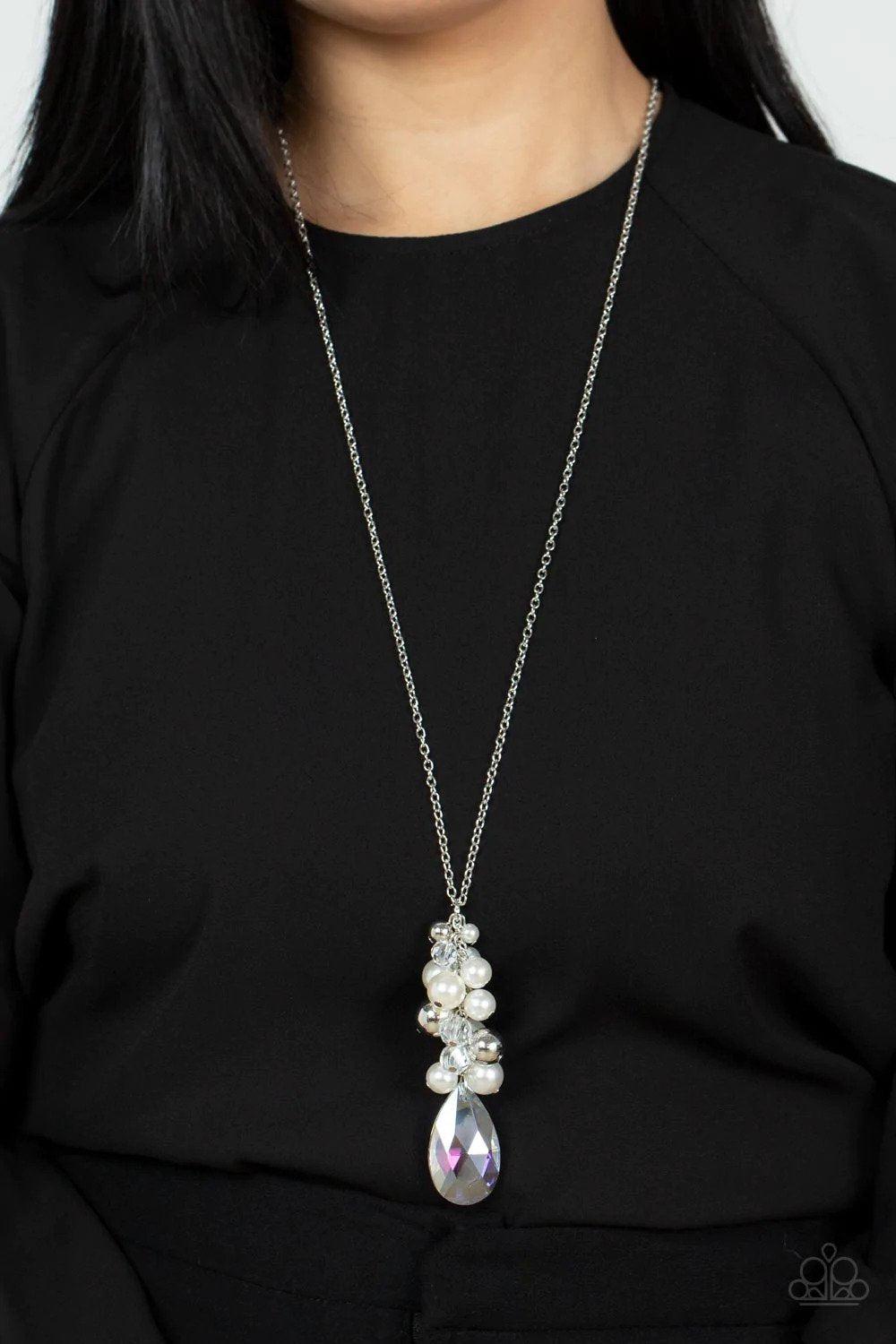 Drip Drop Dazzle White Necklace - Paparazzi Accessories- on model - CarasShop.com - Paparazzi Jewelry by Cara Jewels