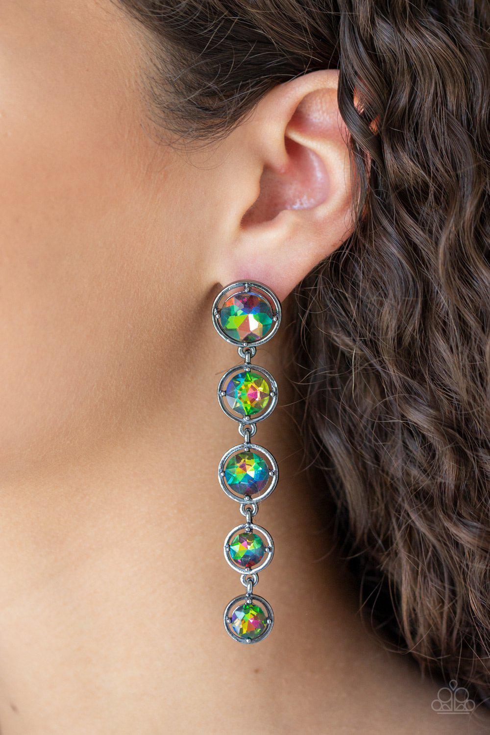 Drippin In Starlight Multi-color "Oil Spill" Rainbow Gem Earrings - Paparazzi Accessories- on model - CarasShop.com - Paparazzi Jewelry by Cara Jewels