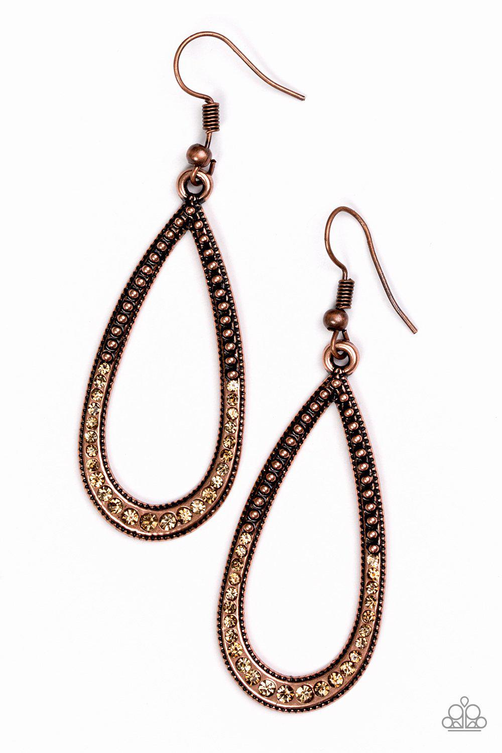 Dripping In Diamonds Copper and Rhinestone Teardrop Earrings - Paparazzi Accessories- lightbox - CarasShop.com - Paparazzi Jewelry by Cara Jewels