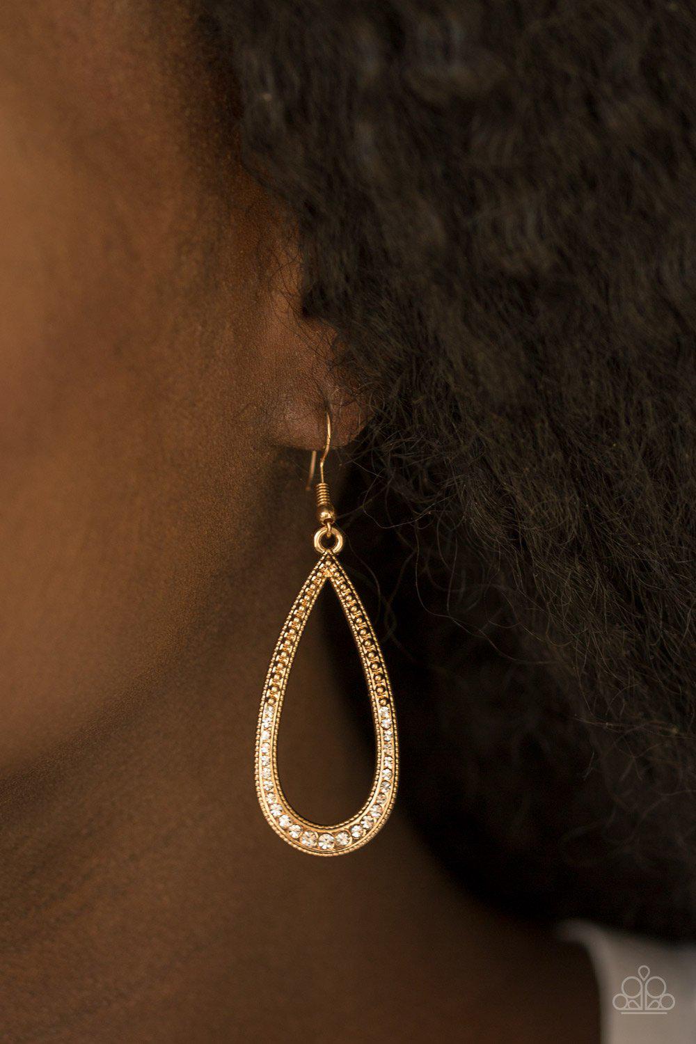 Dripping In Diamonds Gold Earrings - Paparazzi Accessories- on model - CarasShop.com - Paparazzi Jewelry by Cara Jewels