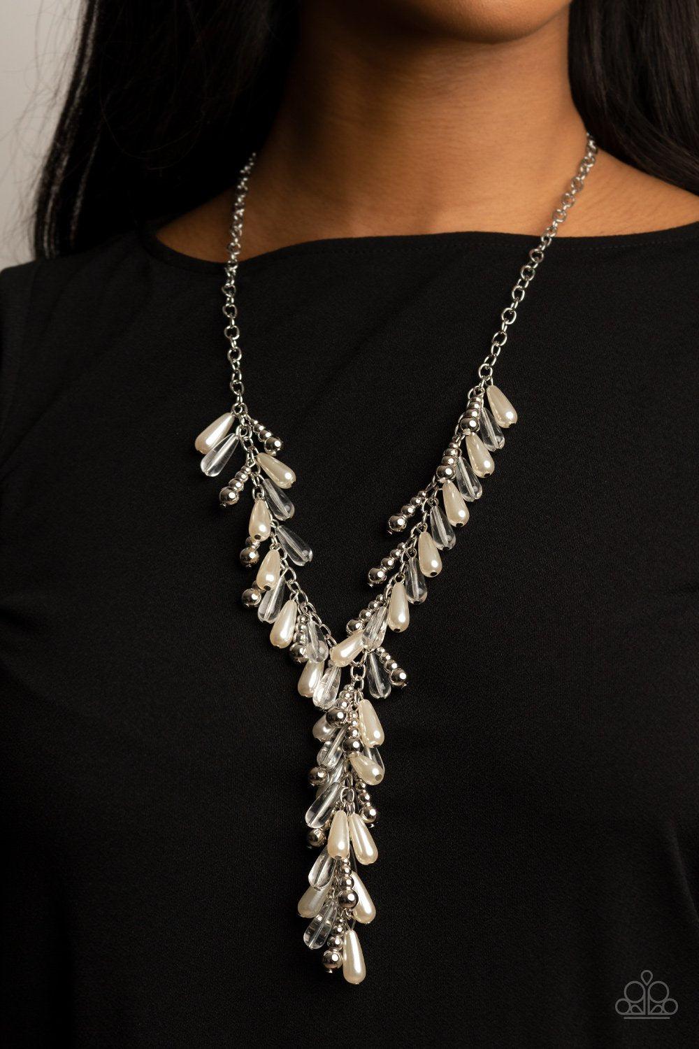 Dripping With DIVA-ttitude White Pearl and Silver Necklace - Paparazzi Accessories- on model - CarasShop.com - Paparazzi Jewelry by Cara Jewels