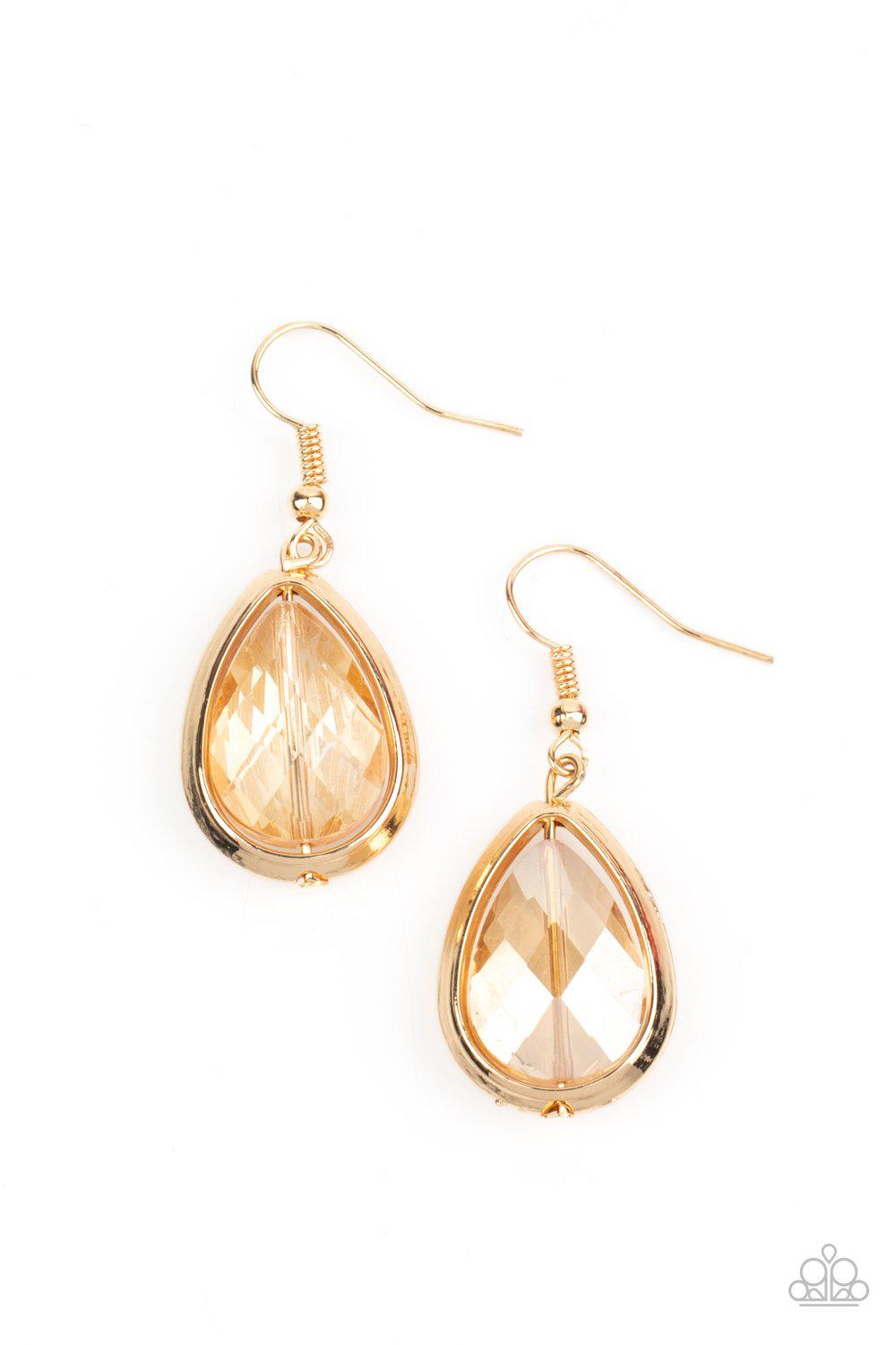 Drop-Dead Duchess Gold Rhinestone Earrings - Paparazzi Accessories- lightbox - CarasShop.com - Paparazzi Jewelry by Cara Jewels