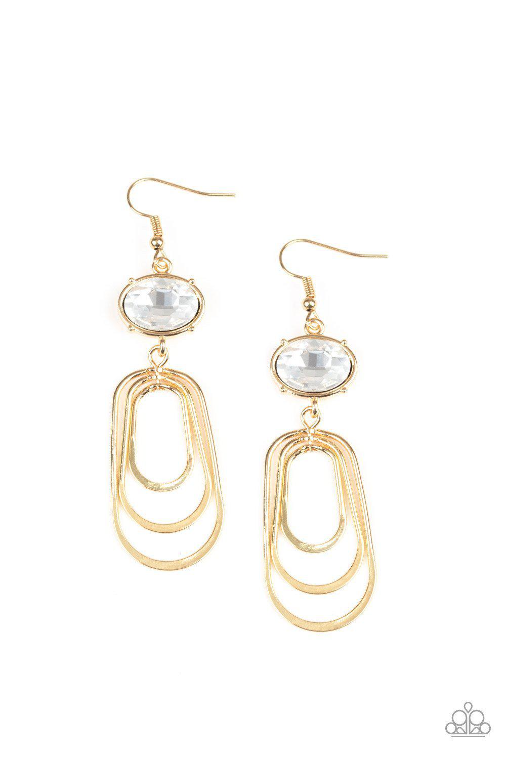Drop-Dead Glamorous Gold and White Rhinestone Earrings - Paparazzi Accessories- lightbox - CarasShop.com - Paparazzi Jewelry by Cara Jewels