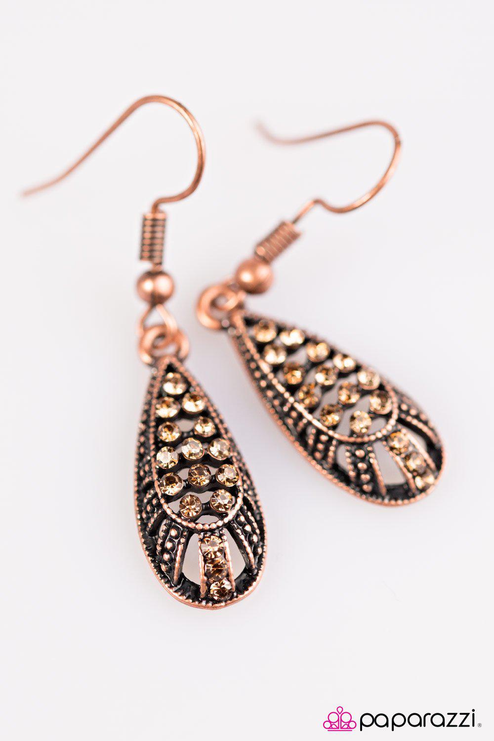 Dropping Perfection Copper Rhinestone Earrings - Paparazzi Accessories- lightbox - CarasShop.com - Paparazzi Jewelry by Cara Jewels