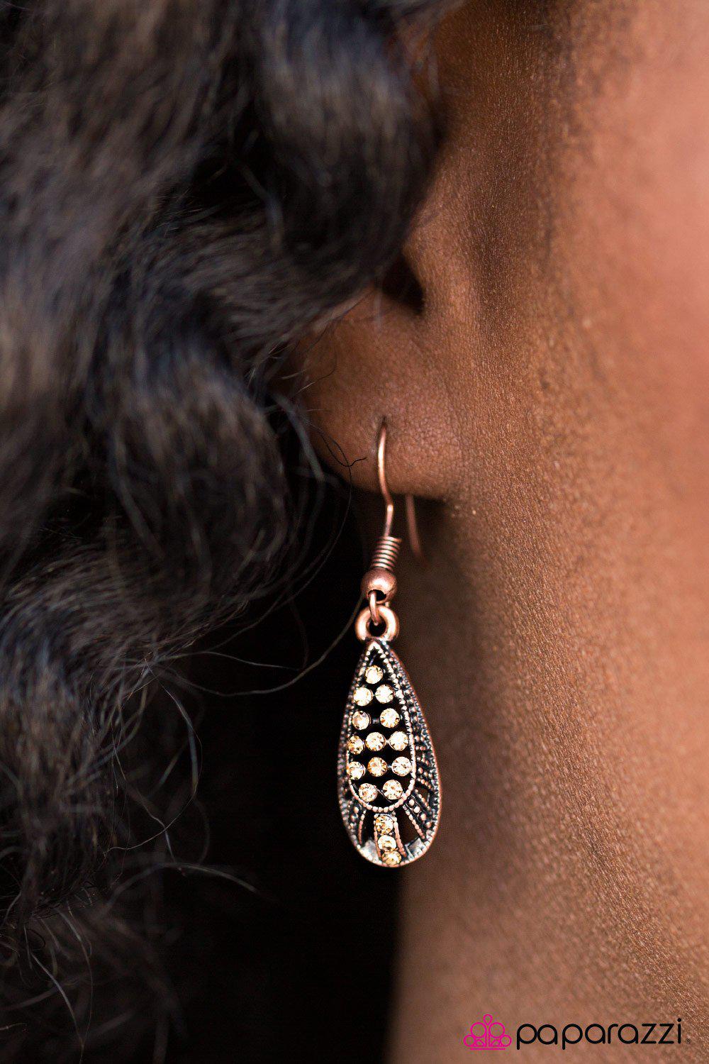 Dropping Perfection Copper Rhinestone Earrings - Paparazzi Accessories- on model - CarasShop.com - Paparazzi Jewelry by Cara Jewels