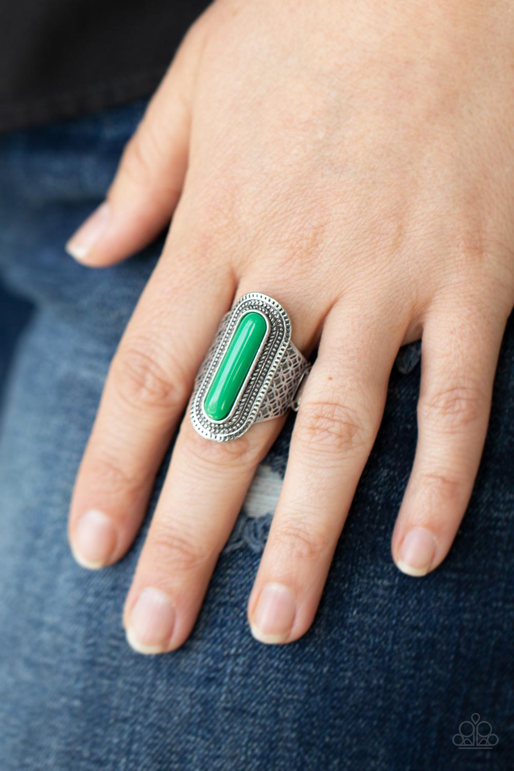 Dubai Distraction Green Ring - Paparazzi Accessories- on model - CarasShop.com - Paparazzi Jewelry by Cara Jewels