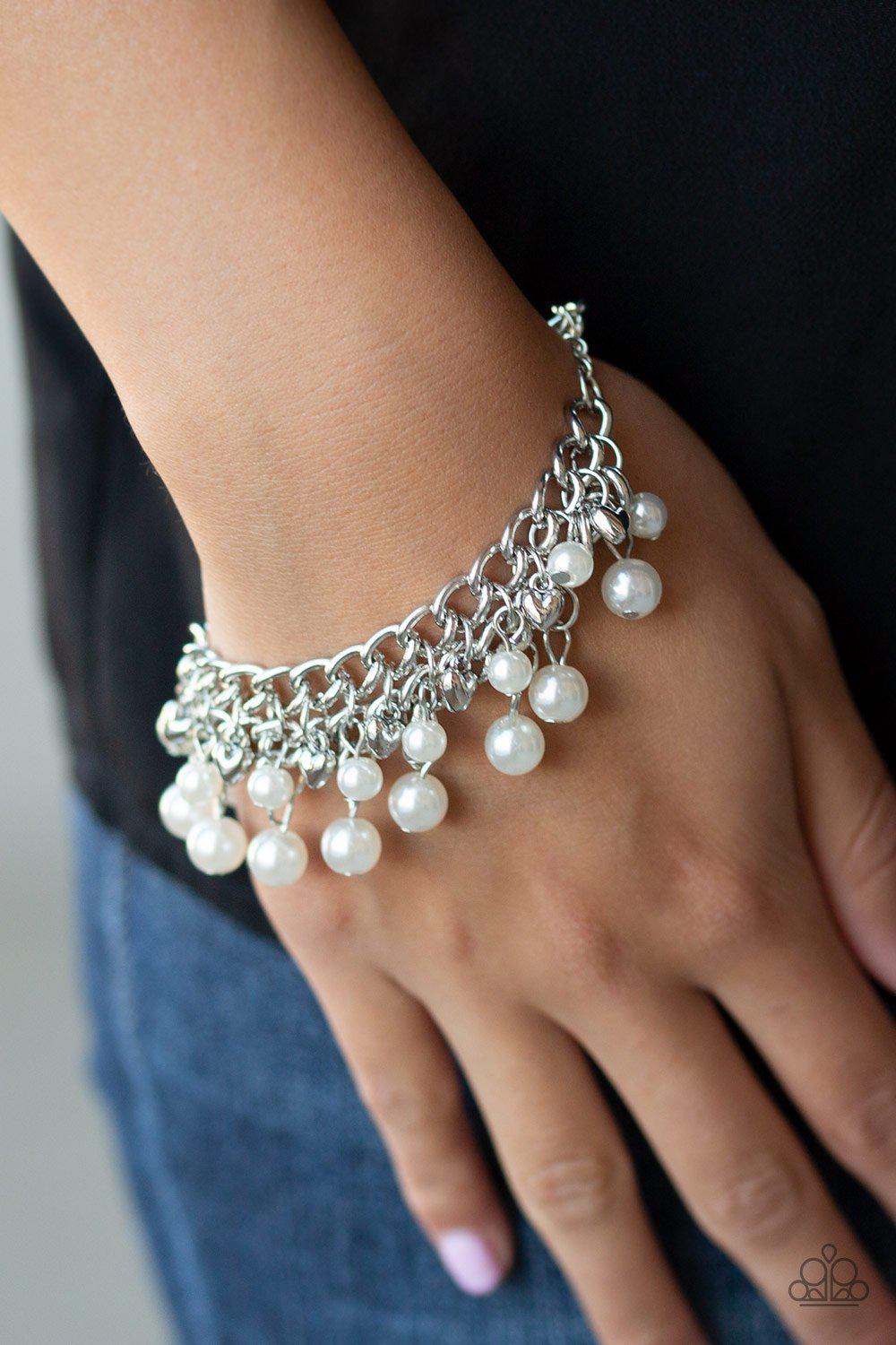 Duchess Diva White Pearl Bracelet - Paparazzi Accessories- on model - CarasShop.com - Paparazzi Jewelry by Cara Jewels