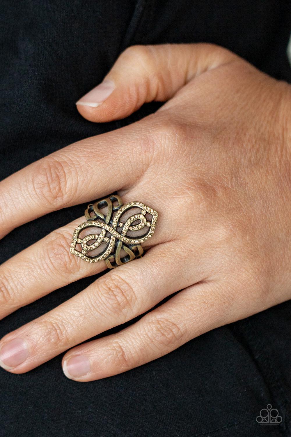 Duchess Drama Brass Ring - Paparazzi Accessories- on model - CarasShop.com - Paparazzi Jewelry by Cara Jewels