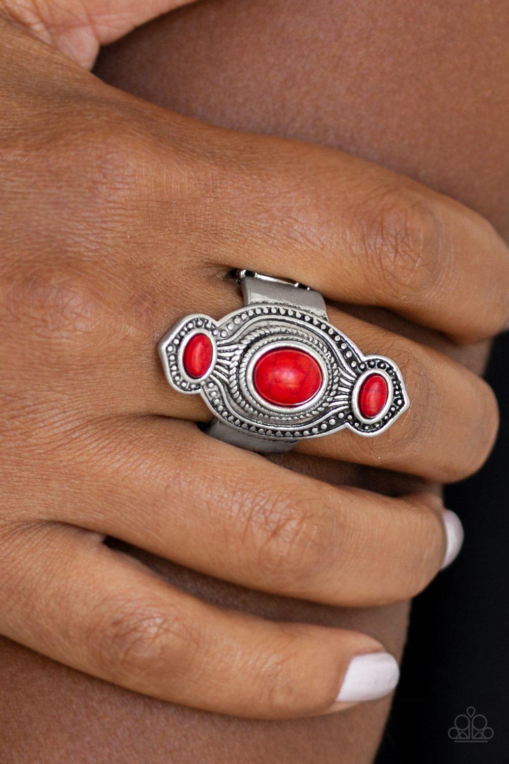 Dune Drifter Red Stone and Silver Ring - Paparazzi Accessories- on model - CarasShop.com - Paparazzi Jewelry by Cara Jewels