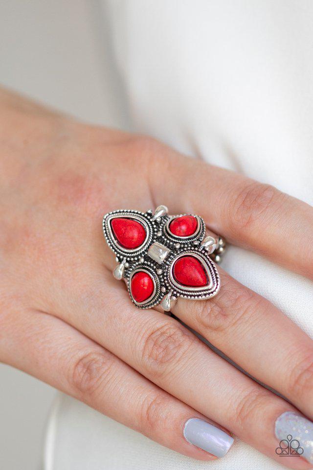 Dune Runner Red Stone Ring - Paparazzi Accessories- on model - CarasShop.com - Paparazzi Jewelry by Cara Jewels
