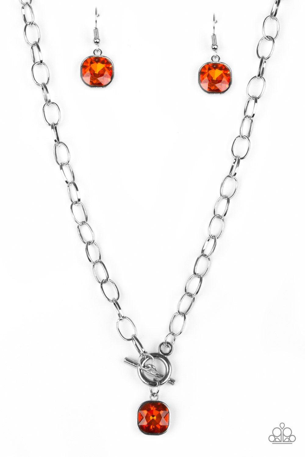 Dynamite Dazzle Silver and Orange Gem Necklace - Paparazzi Accessories- lightbox - CarasShop.com - Paparazzi Jewelry by Cara Jewels