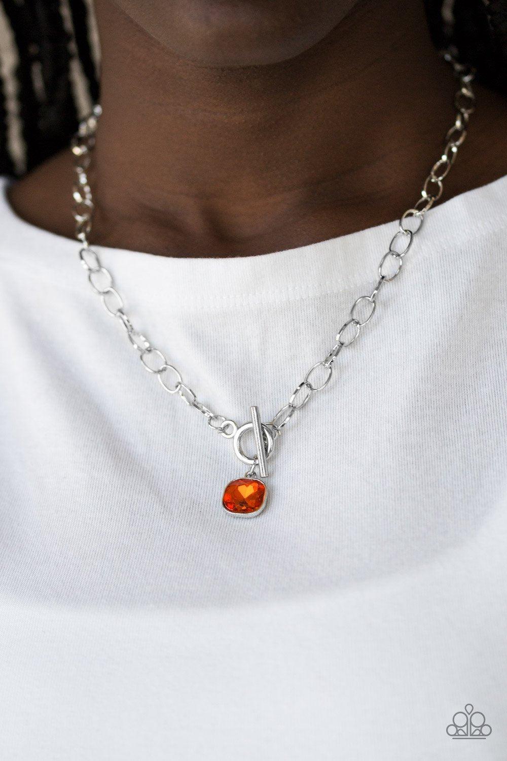 Dynamite Dazzle Silver and Orange Gem Necklace - Paparazzi Accessories- on model - CarasShop.com - Paparazzi Jewelry by Cara Jewels