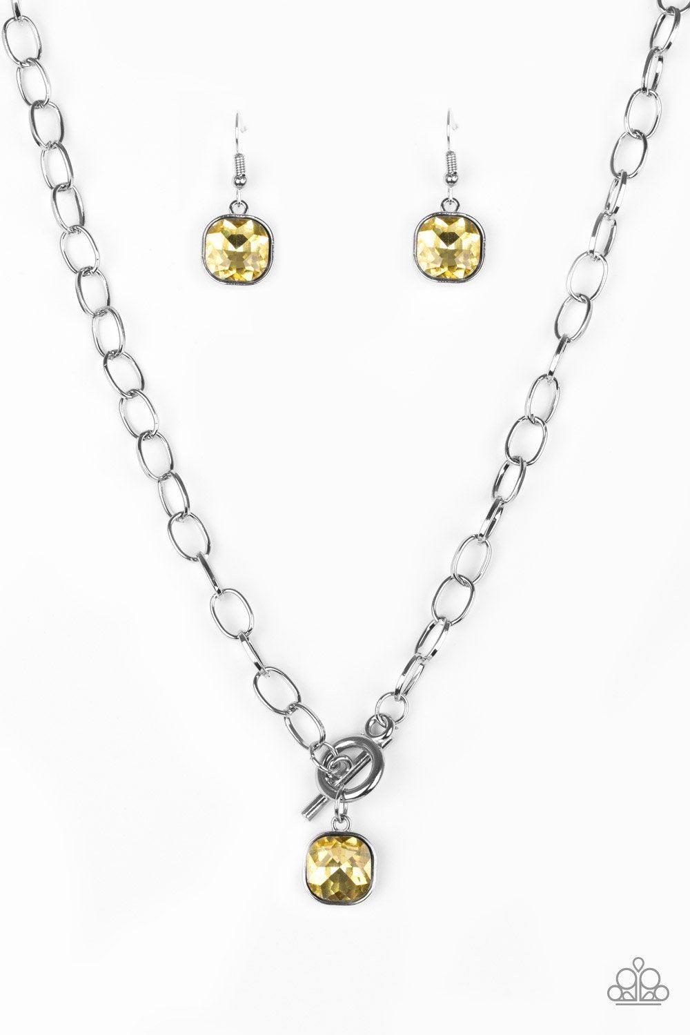 Dynamite Dazzle Silver and Yellow Gem Necklace - Paparazzi Accessories- lightbox - CarasShop.com - Paparazzi Jewelry by Cara Jewels