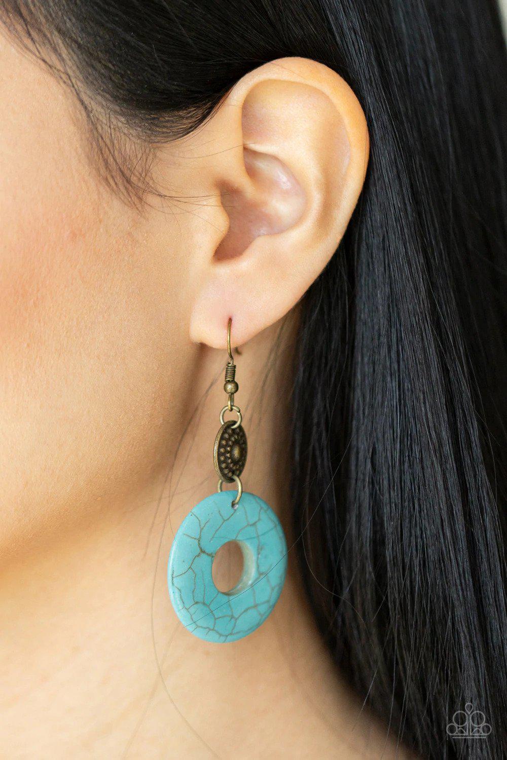 Earthy Epicenter Brass Earrings - Paparazzi Accessories- on model - CarasShop.com - Paparazzi Jewelry by Cara Jewels