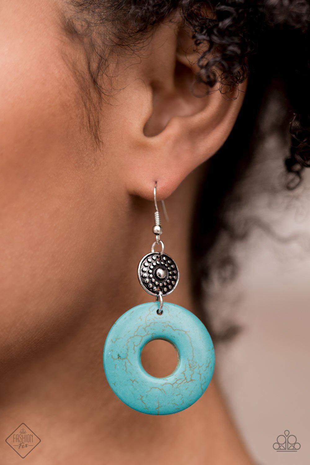 Earthy Epicenter Turquoise Blue and Silver Earrings - Paparazzi Accessories- on model - CarasShop.com - Paparazzi Jewelry by Cara Jewels