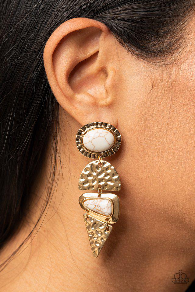 Earthy Extravagence Gold & White Stone Earrings - Paparazzi Accessories- on model - CarasShop.com - Paparazzi Jewelry by Cara Jewels