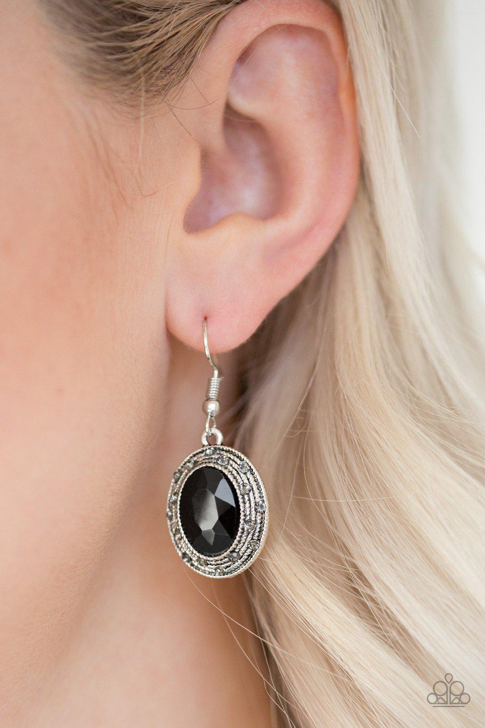 East Side Etiquette Black Rhinestone Earrings - Paparazzi Accessories- on model - CarasShop.com - Paparazzi Jewelry by Cara Jewels