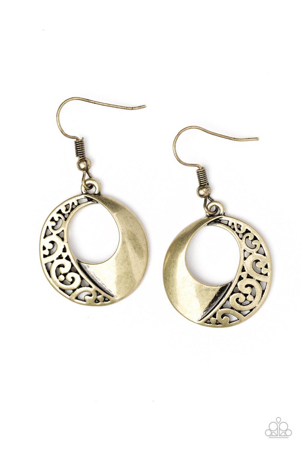 Eastside Excursionist Brass Earrings - Paparazzi Accessories- lightbox - CarasShop.com - Paparazzi Jewelry by Cara Jewels