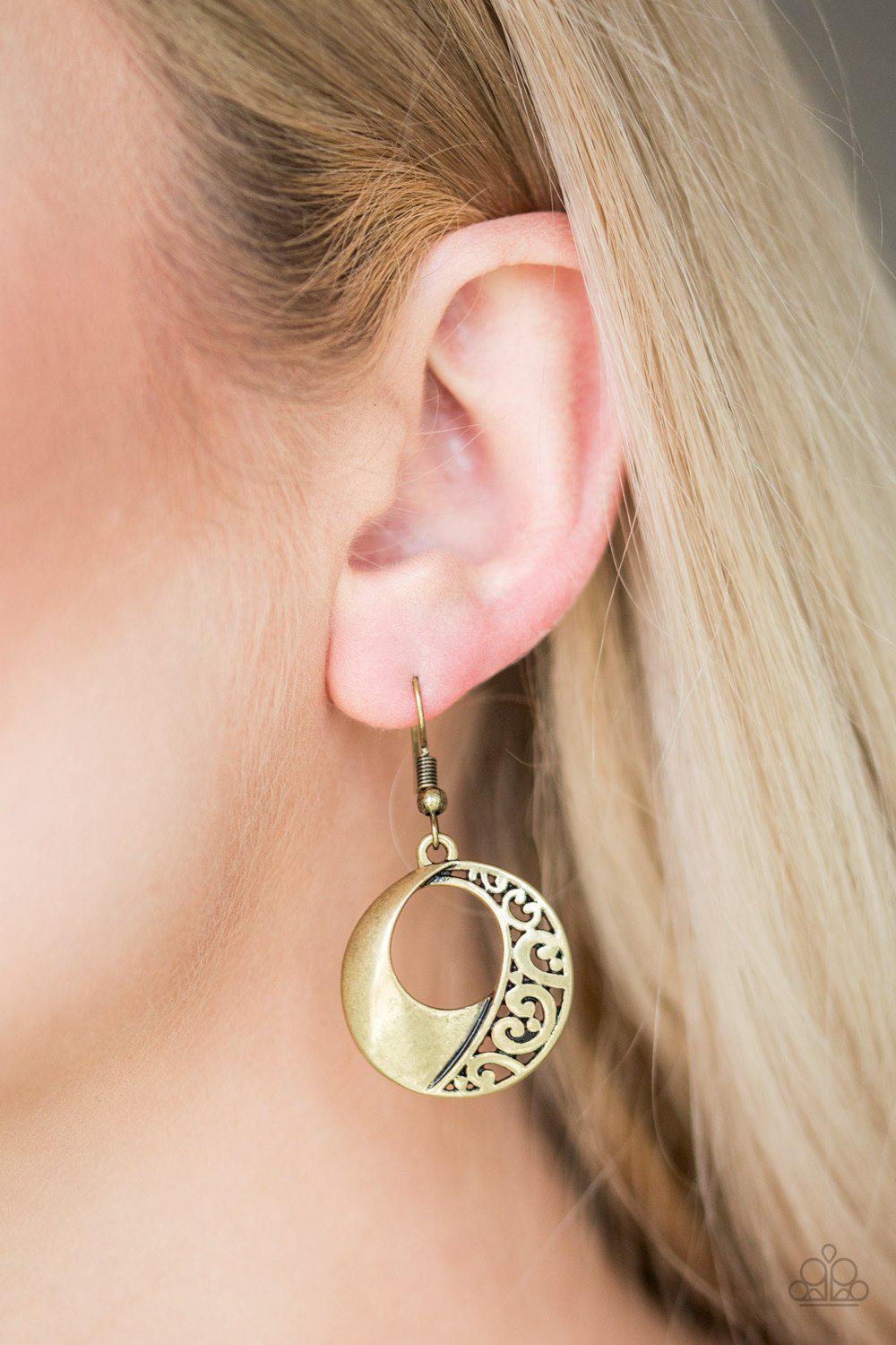 Eastside Excursionist Brass Earrings - Paparazzi Accessories- on model - CarasShop.com - Paparazzi Jewelry by Cara Jewels