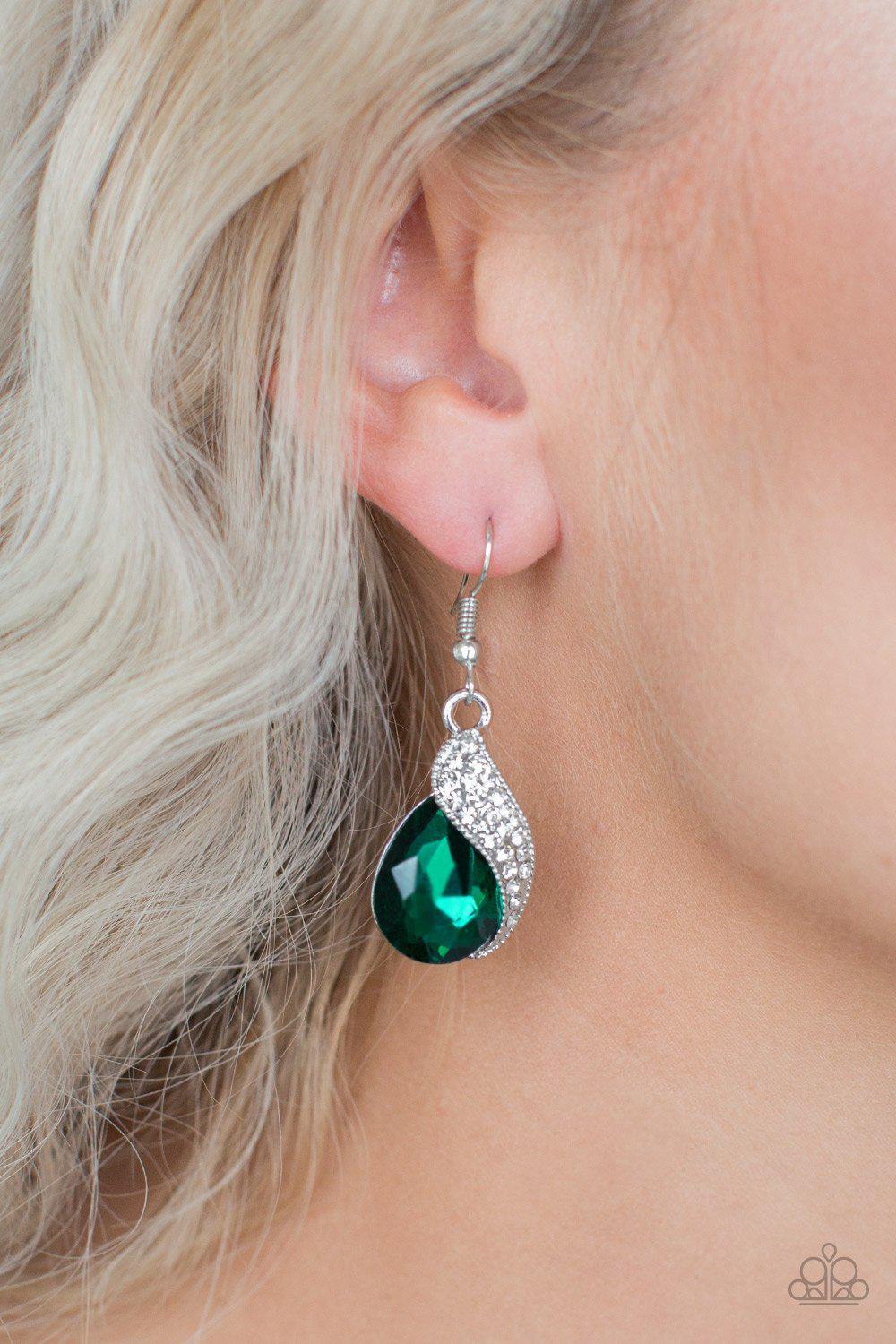 Easy Elegance Emerald Green Earrings - Paparazzi Accessories- on model - CarasShop.com - Paparazzi Jewelry by Cara Jewels