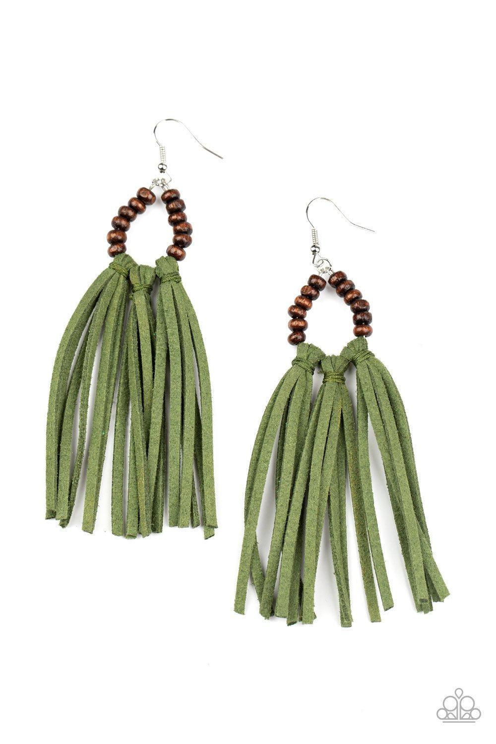 Easy To PerSUEDE Green Suede Tassel Earrings - Paparazzi Accessories- lightbox - CarasShop.com - Paparazzi Jewelry by Cara Jewels