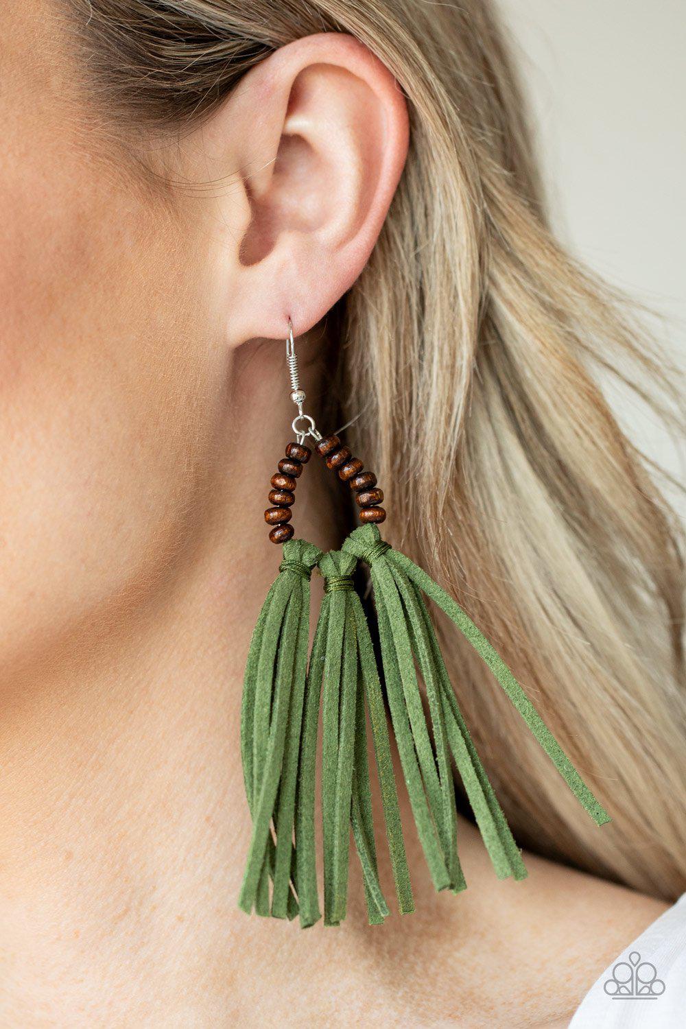 Easy To PerSUEDE Green Suede Tassel Earrings - Paparazzi Accessories- on model - CarasShop.com - Paparazzi Jewelry by Cara Jewels