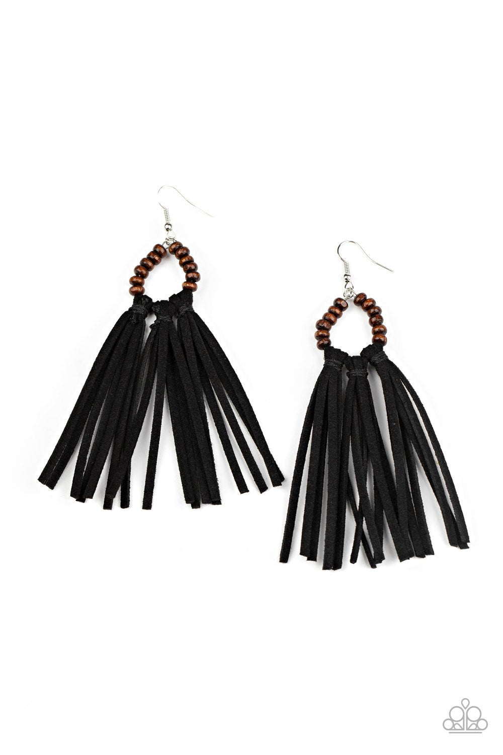 Easy To PerSUEDE Wood and Black Suede Tassel Earrings - Paparazzi Accessories- lightbox - CarasShop.com - Paparazzi Jewelry by Cara Jewels