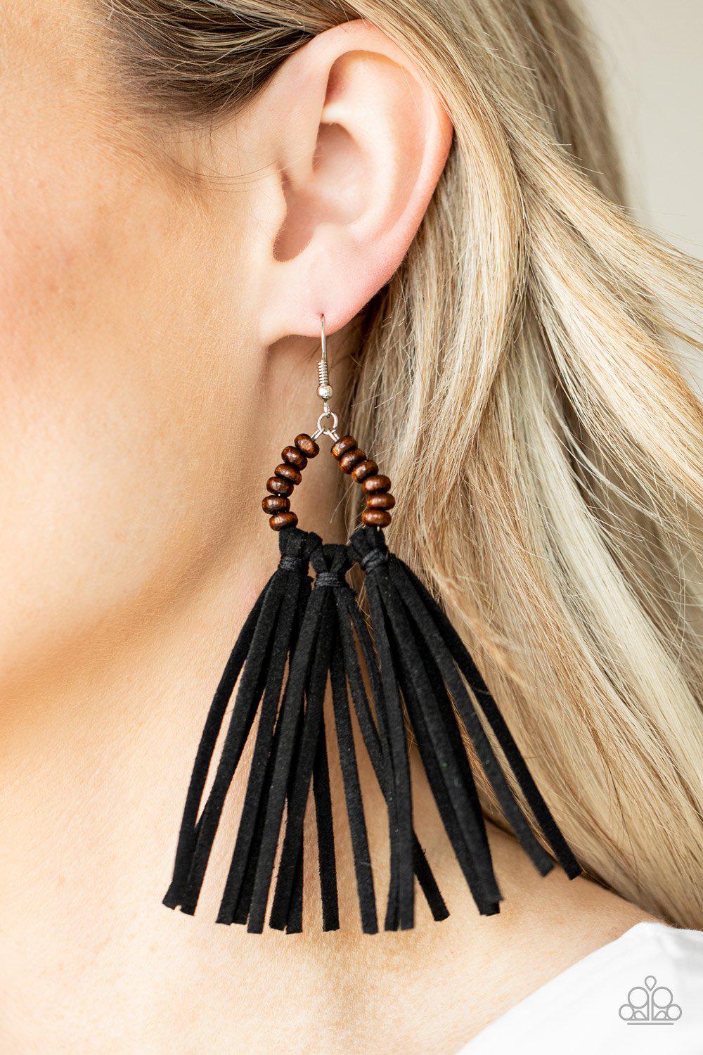 Easy To PerSUEDE Wood and Black Suede Tassel Earrings - Paparazzi Accessories- on model - CarasShop.com - Paparazzi Jewelry by Cara Jewels