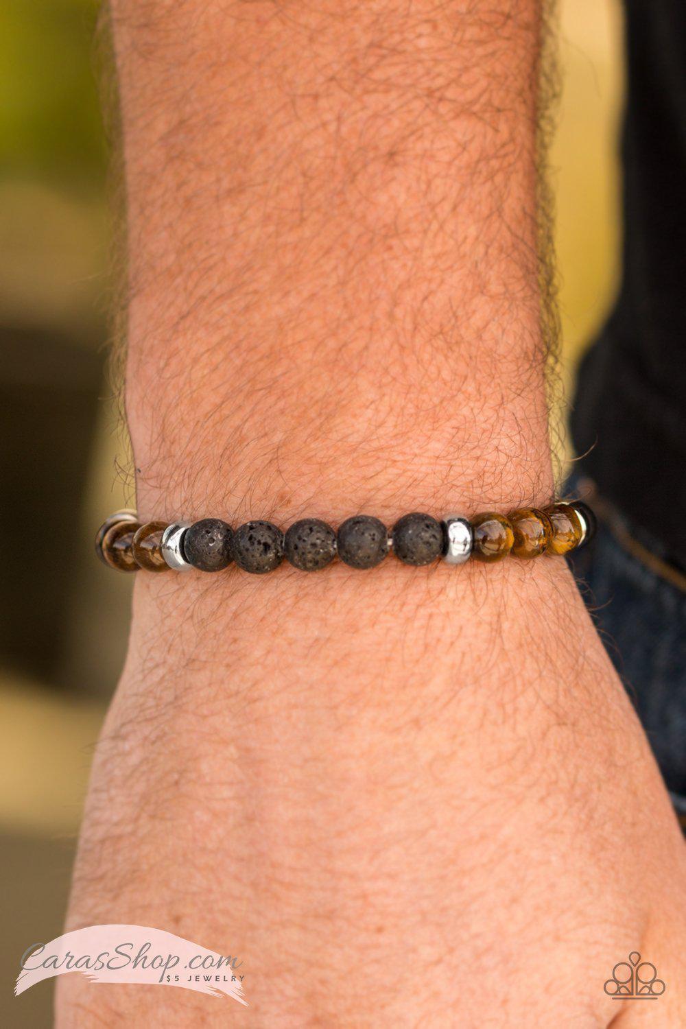 Easygoing Brown Tiger Eye and Black Lava Stone Stretch Bracelet - Paparazzi Accessories- on model - CarasShop.com - Paparazzi Jewelry by Cara Jewels