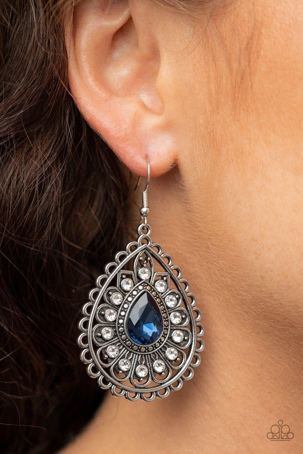 Eat, Drink and BEAM Merry Blue Rhinestone Earrings - Paparazzi Accessories- on model - CarasShop.com - Paparazzi Jewelry by Cara Jewels