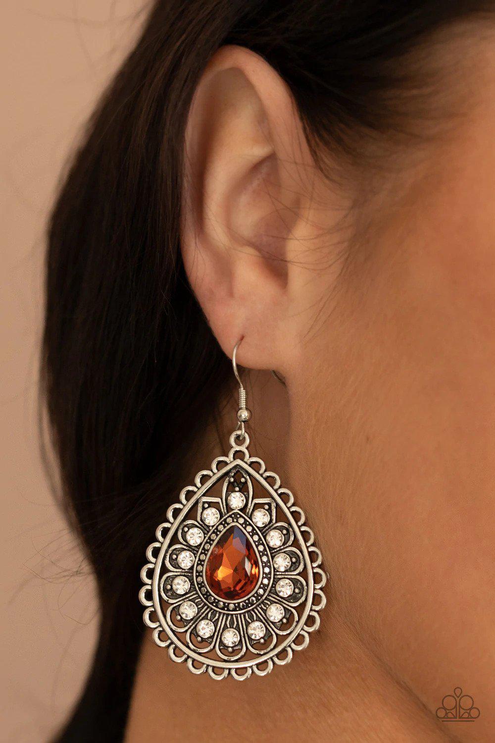 Eat, Drink and BEAM Merry Brown Earrings - Paparazzi Accessories- on model - CarasShop.com - Paparazzi Jewelry by Cara Jewels