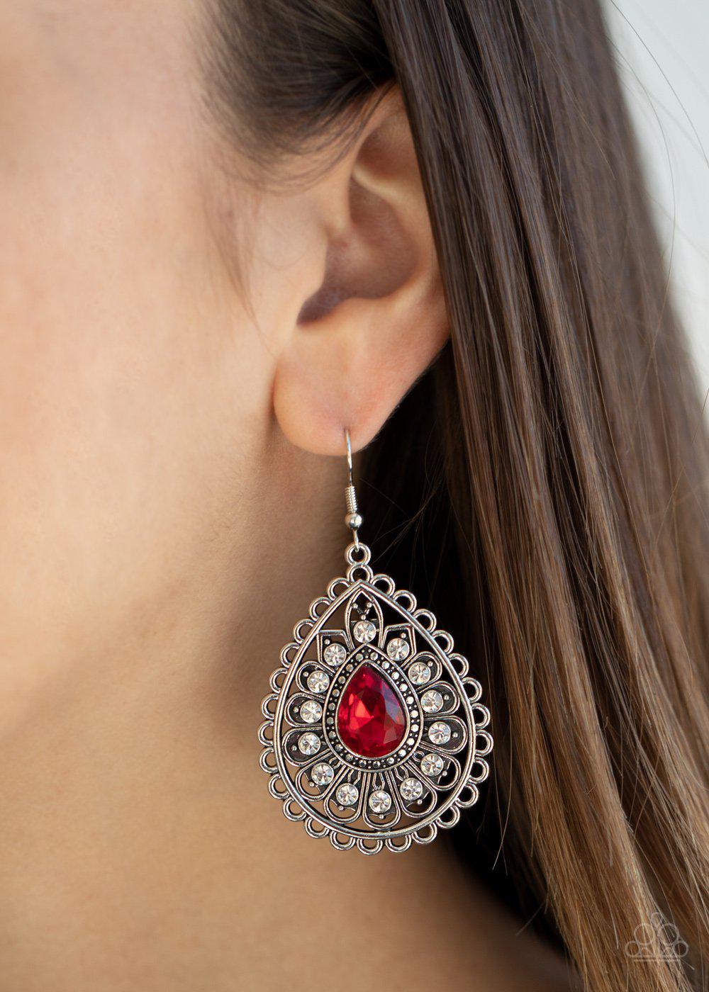 Eat, Drink, and BEAM Merry Red Rhinestone Earrings - Paparazzi Accessories- lightbox - CarasShop.com - Paparazzi Jewelry by Cara Jewels