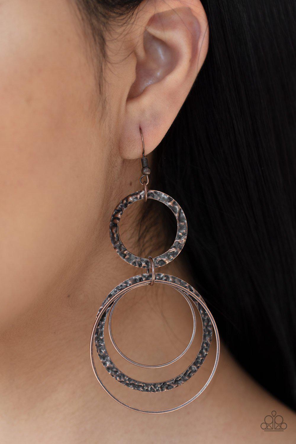 Eclipsed Edge Copper Earrings - Paparazzi Accessories- on model - CarasShop.com - Paparazzi Jewelry by Cara Jewels