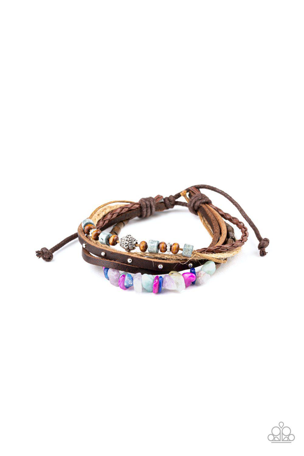 Eco Excursion Multi-colored Stone and Brown Leather Urban Knot Bracelet - Paparazzi Accessories- lightbox - CarasShop.com - Paparazzi Jewelry by Cara Jewels