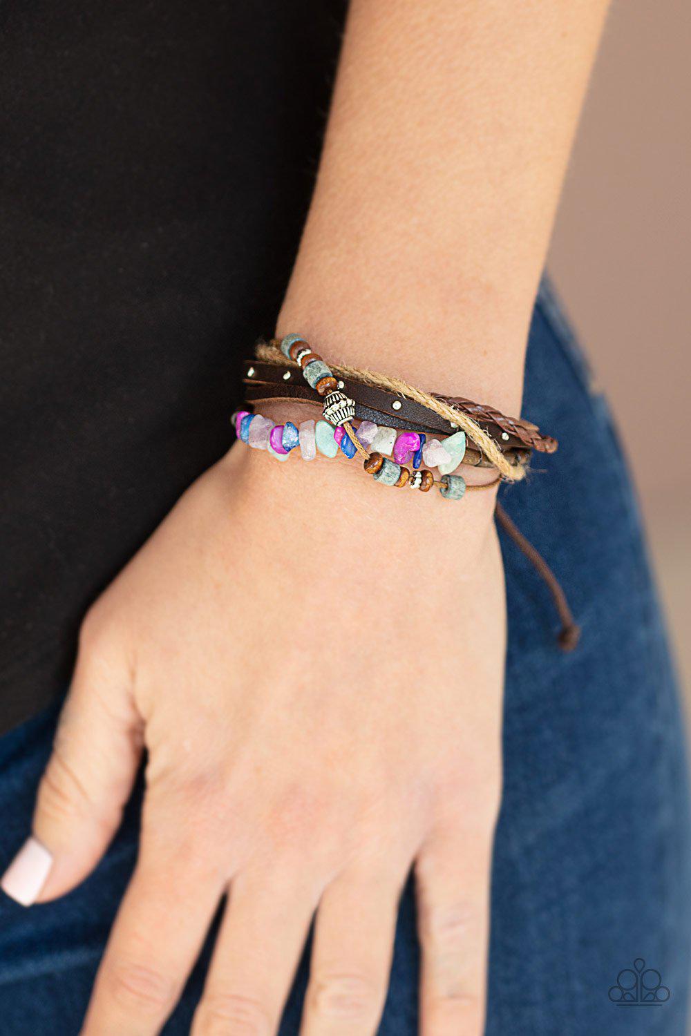 Eco Excursion Multi-colored Stone and Brown Leather Urban Knot Bracelet - Paparazzi Accessories- lightbox - CarasShop.com - Paparazzi Jewelry by Cara Jewels