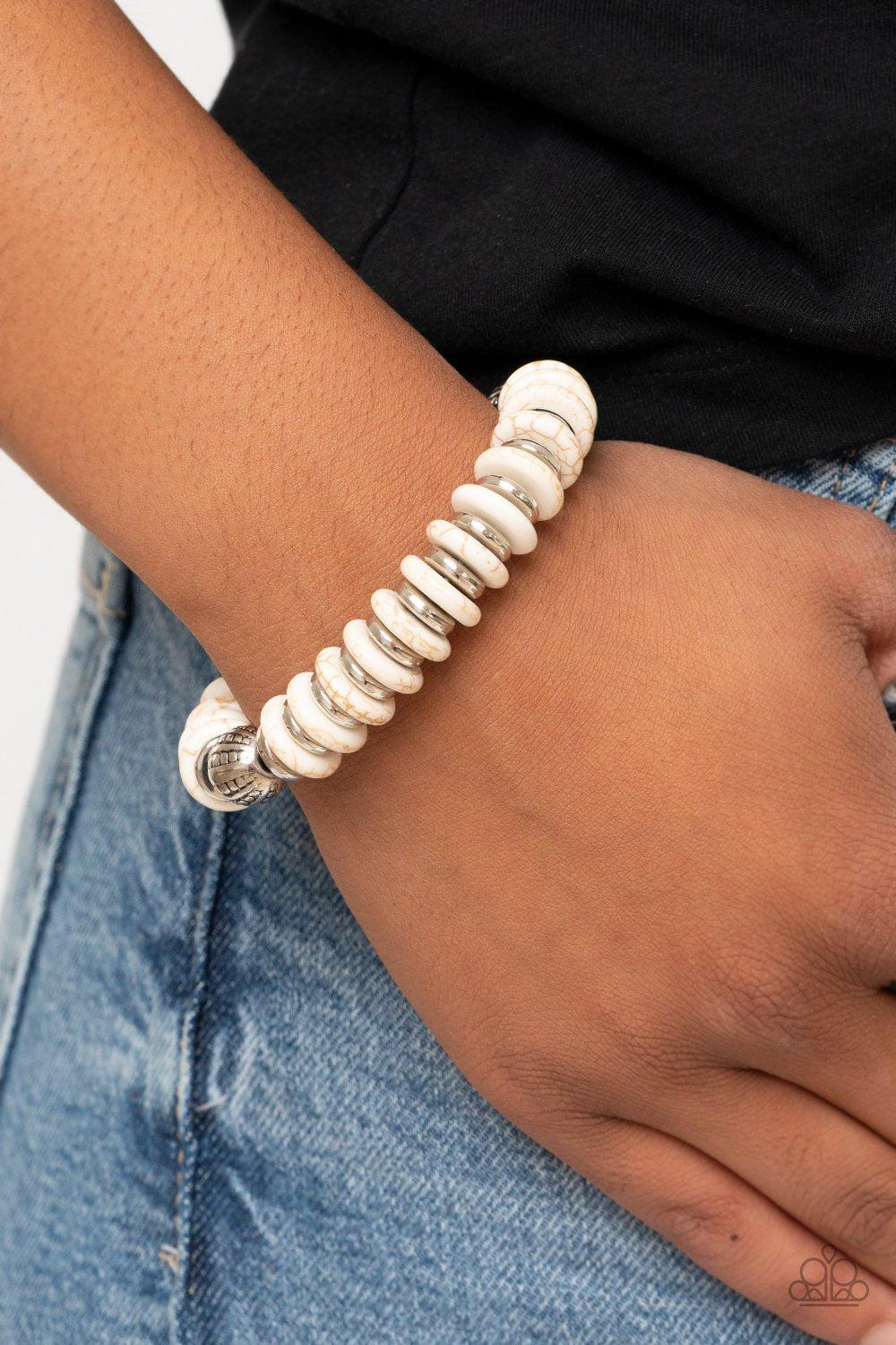 Eco Experience White Stone and Silver Bracelet - Paparazzi Accessories- on model - CarasShop.com - Paparazzi Jewelry by Cara Jewels