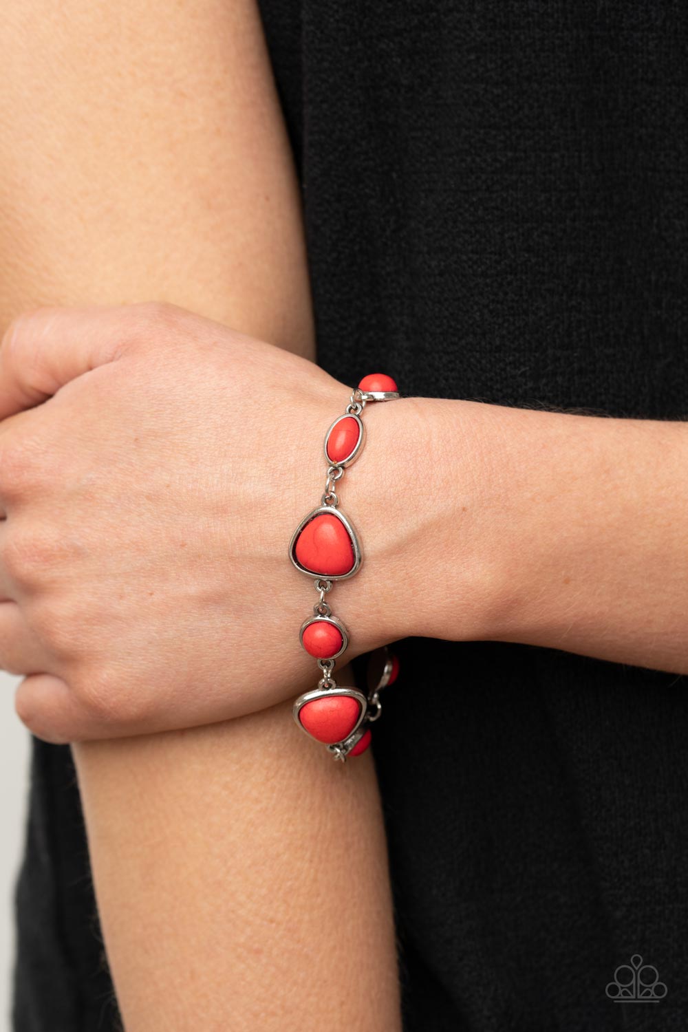 Eco-Friendly Fashionista Red Stone Bracelet - Paparazzi Accessories- on model - CarasShop.com - Paparazzi Jewelry by Cara Jewels