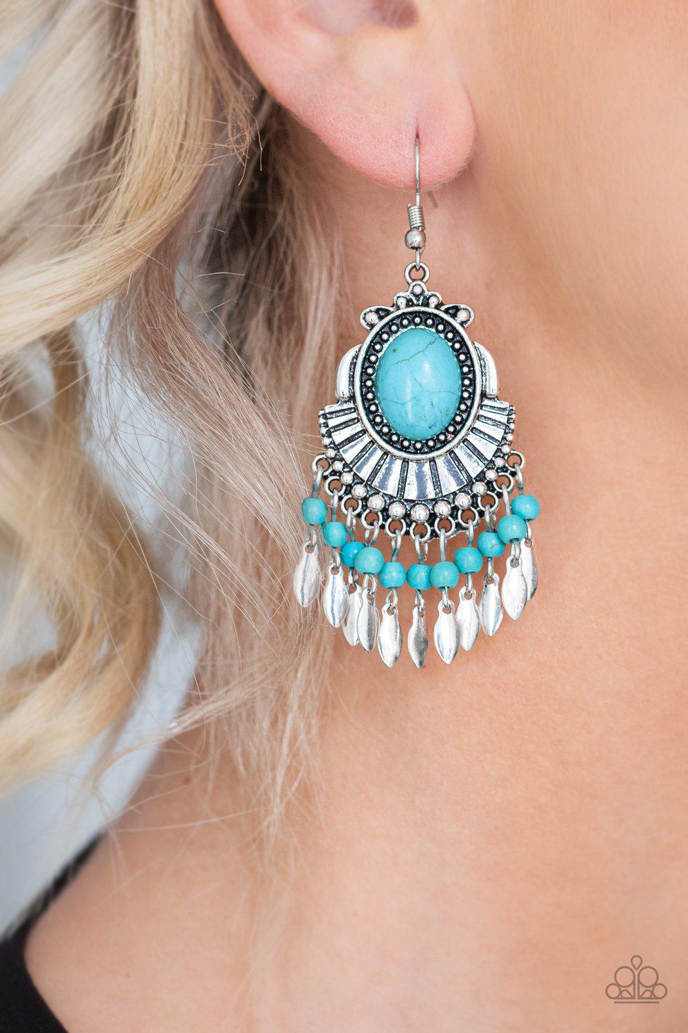 Eco Trip Turquoise Blue Stone Earrings - Paparazzi Accessories- on model - CarasShop.com - Paparazzi Jewelry by Cara Jewels
