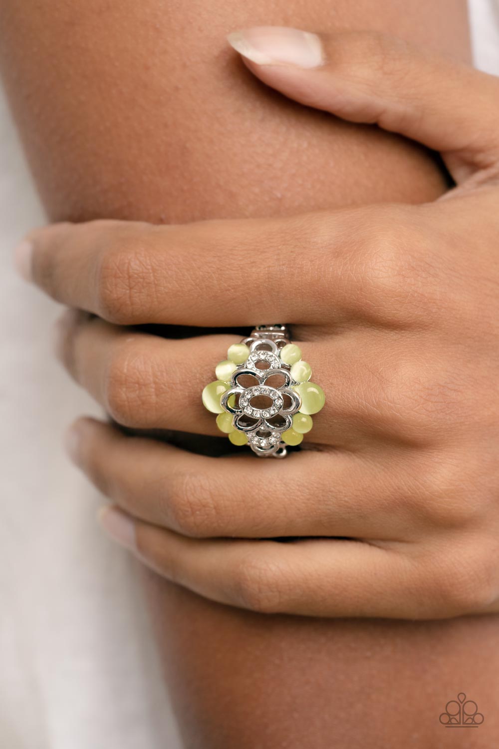 Eden Equinox Yellow Cat's Eye Stone Ring - Paparazzi Accessories- on model - CarasShop.com - Paparazzi Jewelry by Cara Jewels