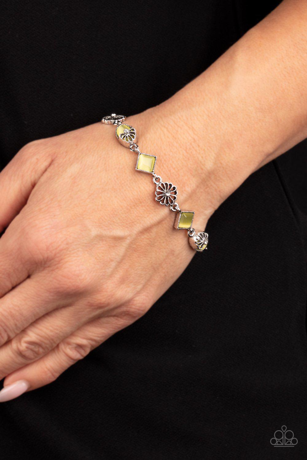 Eden Etiquette Yellow Cat's Eye Bracelet - Paparazzi Accessories- on model - CarasShop.com - Paparazzi Jewelry by Cara Jewels