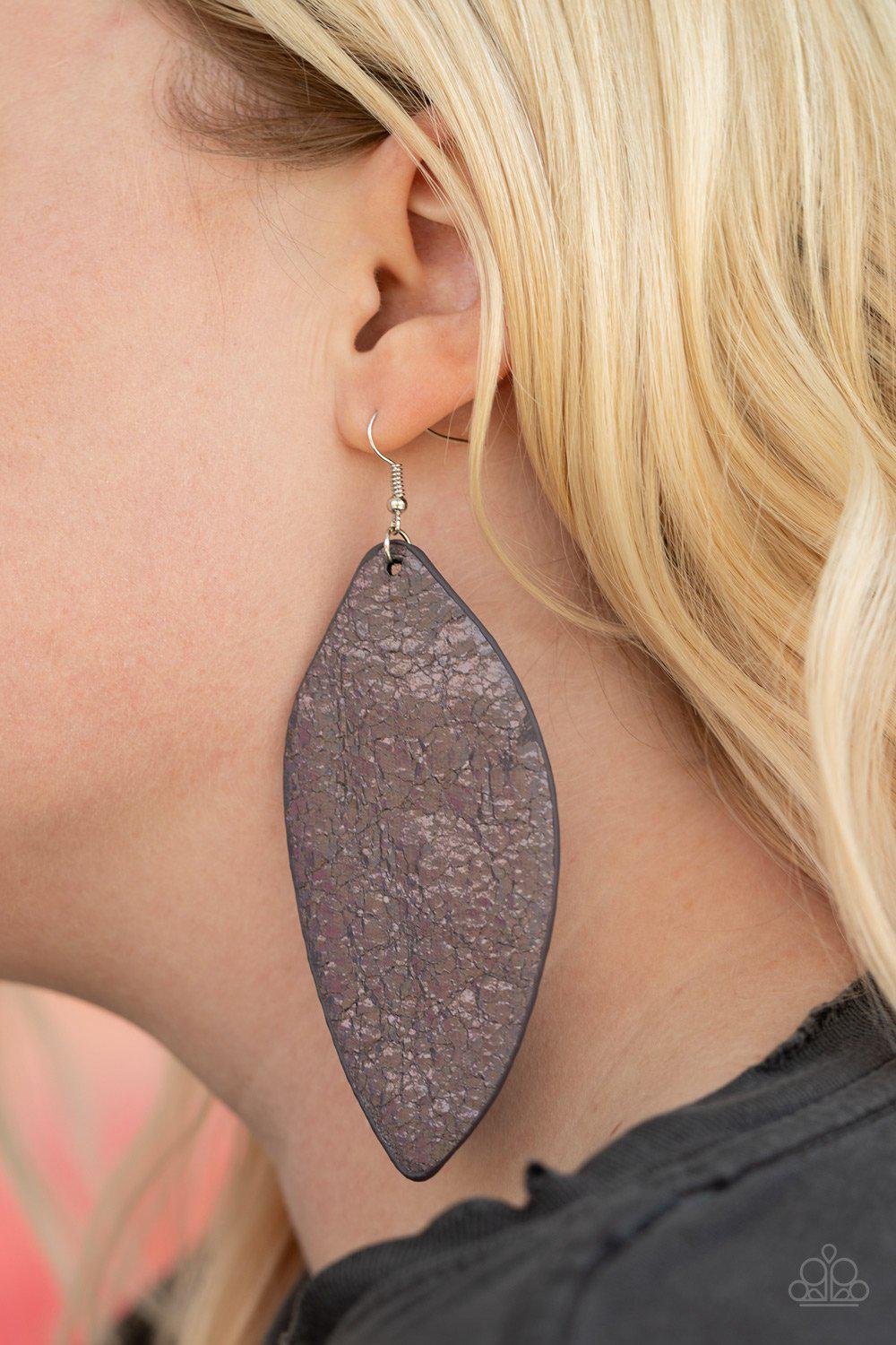 Eden Radiance Multi "Oil Spill" Leather Leaf Earrings - Paparazzi Accessories- on model - CarasShop.com - Paparazzi Jewelry by Cara Jewels