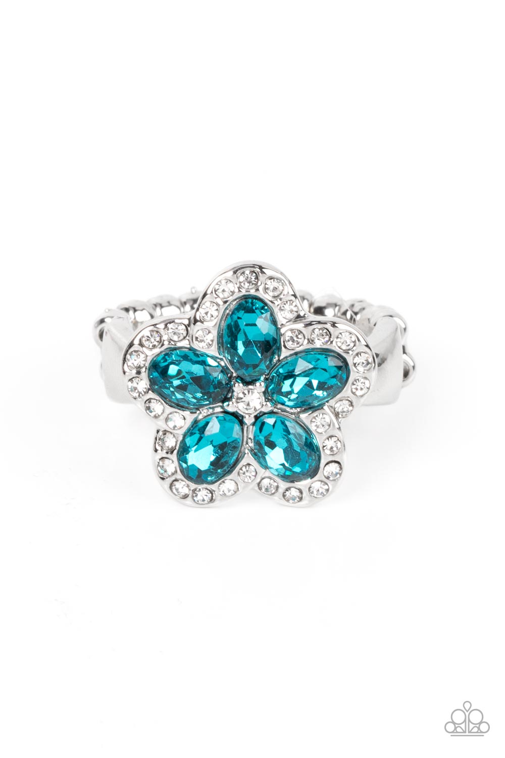 Efflorescent Envy Blue Rhinestone Flower Ring - Paparazzi Accessories- lightbox - CarasShop.com - Paparazzi Jewelry by Cara Jewels