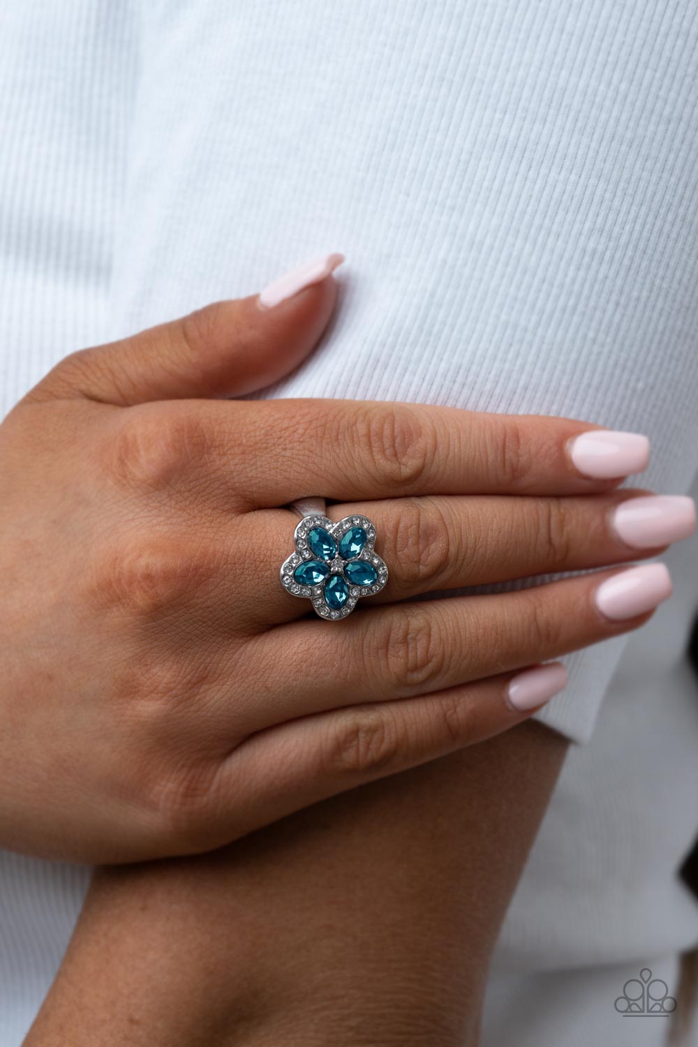 Efflorescent Envy Blue Rhinestone Flower Ring - Paparazzi Accessories- on model - CarasShop.com - Paparazzi Jewelry by Cara Jewels
