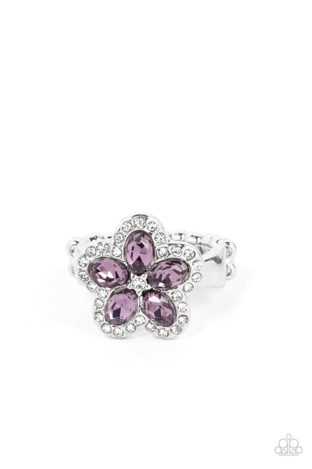 Efflorescent Envy Purple Rhinestone Flower Ring - Paparazzi Accessories- lightbox - CarasShop.com - Paparazzi Jewelry by Cara Jewels