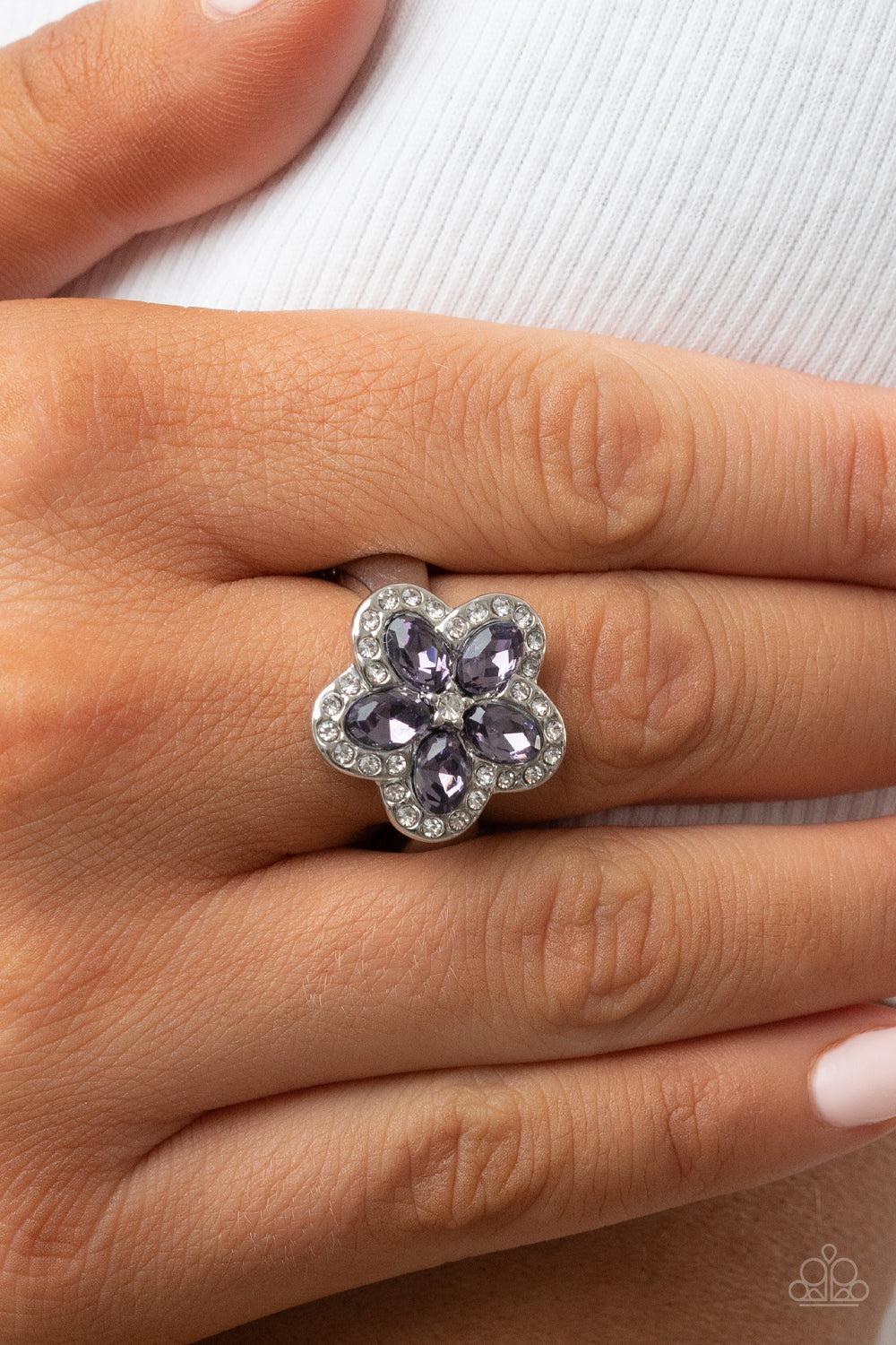 Efflorescent Envy Purple Rhinestone Flower Ring - Paparazzi Accessories- lightbox - CarasShop.com - Paparazzi Jewelry by Cara Jewels