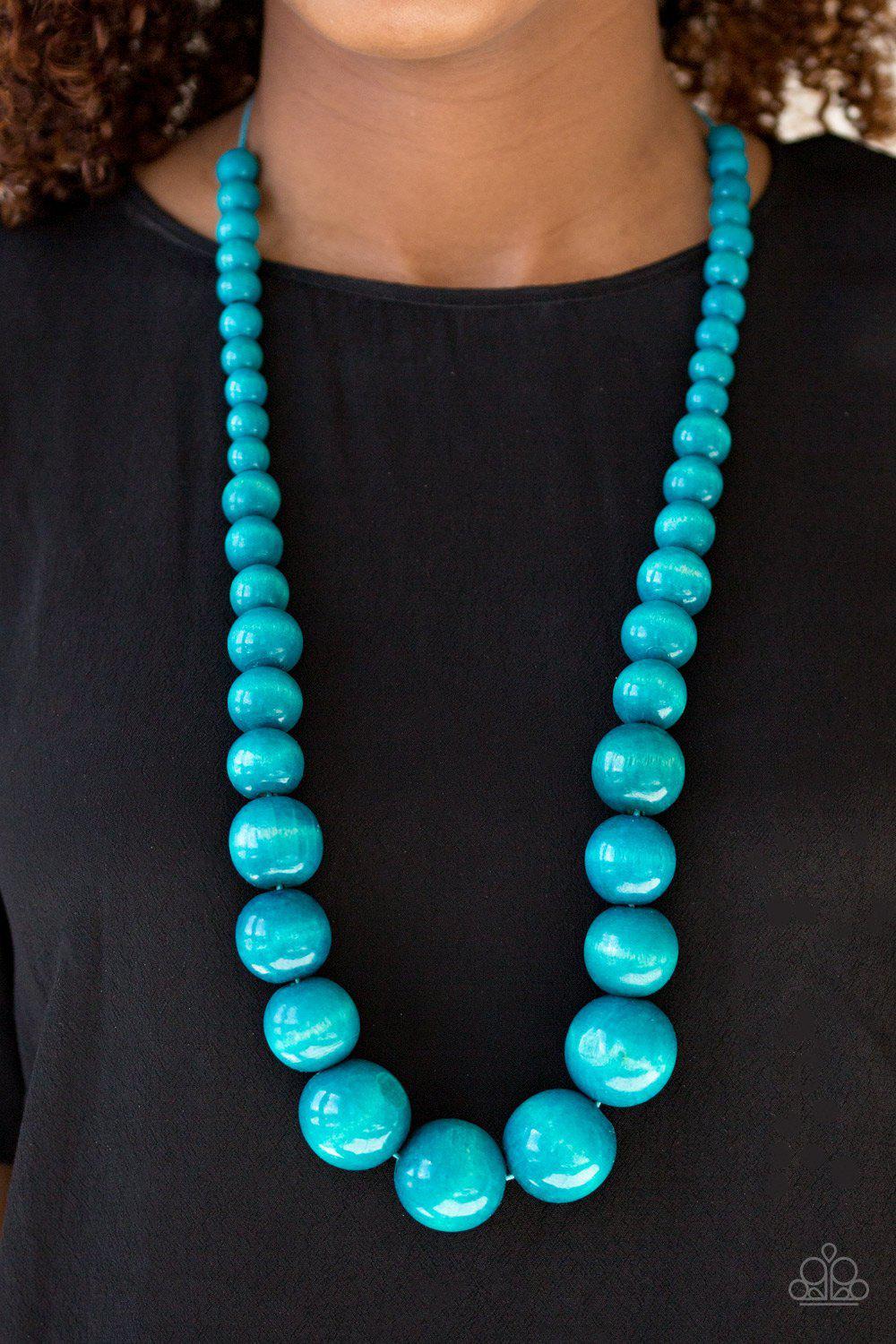 Effortlessly Everglades Blue Wood Necklace and matching Earrings - Paparazzi Accessories- on model - CarasShop.com - Paparazzi Jewelry by Cara Jewels