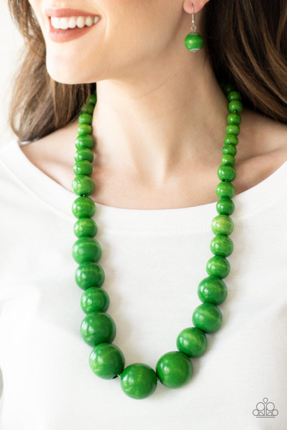 Effortlessly Everglades Green Wood Necklace and matching Earrings - Paparazzi Accessories- on model - CarasShop.com - Paparazzi Jewelry by Cara Jewels