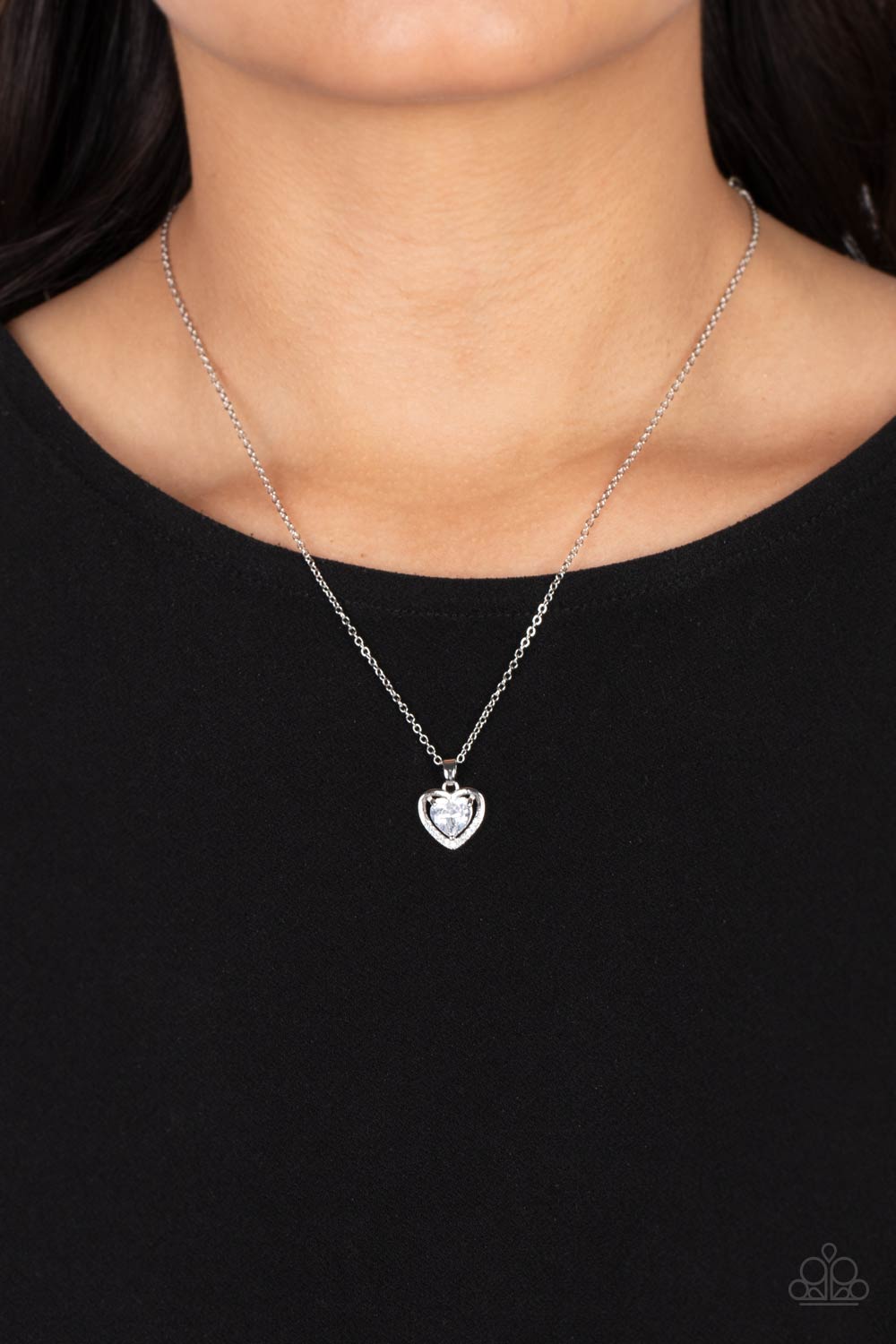Effulgently Engaged White Rhinestone Heart Necklace - Paparazzi Accessories- on model - CarasShop.com - Paparazzi Jewelry by Cara Jewels